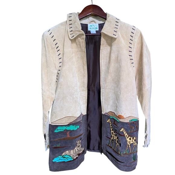 Vintage 80s Leather Jacket Sz S Tan Western Safari Whimsical Animal Patchwork - Picture 5 of 8